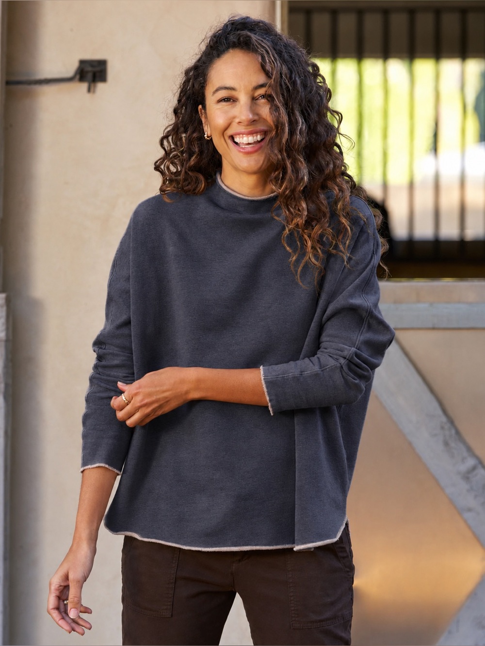 Frank & Eileen Black Effie Long-Sleeve Large Funnel Neck Roll Hem Sweater Top
